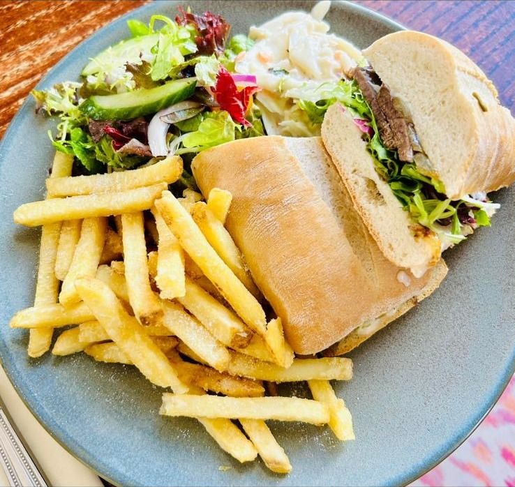Toasted ciabatta with fries and side salad