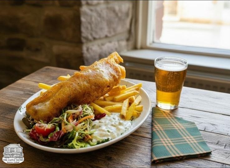 Battered fish and chips with peas and tartare sauce at The Castle Tavern, Inverness